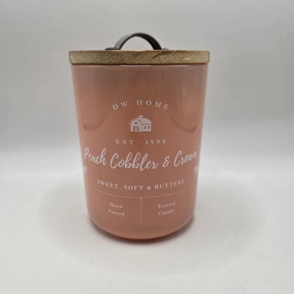 DW Home Peach Cobbler & Cream Scented Candle 15.1oz Wood Lid 2-Wick Farmhouse